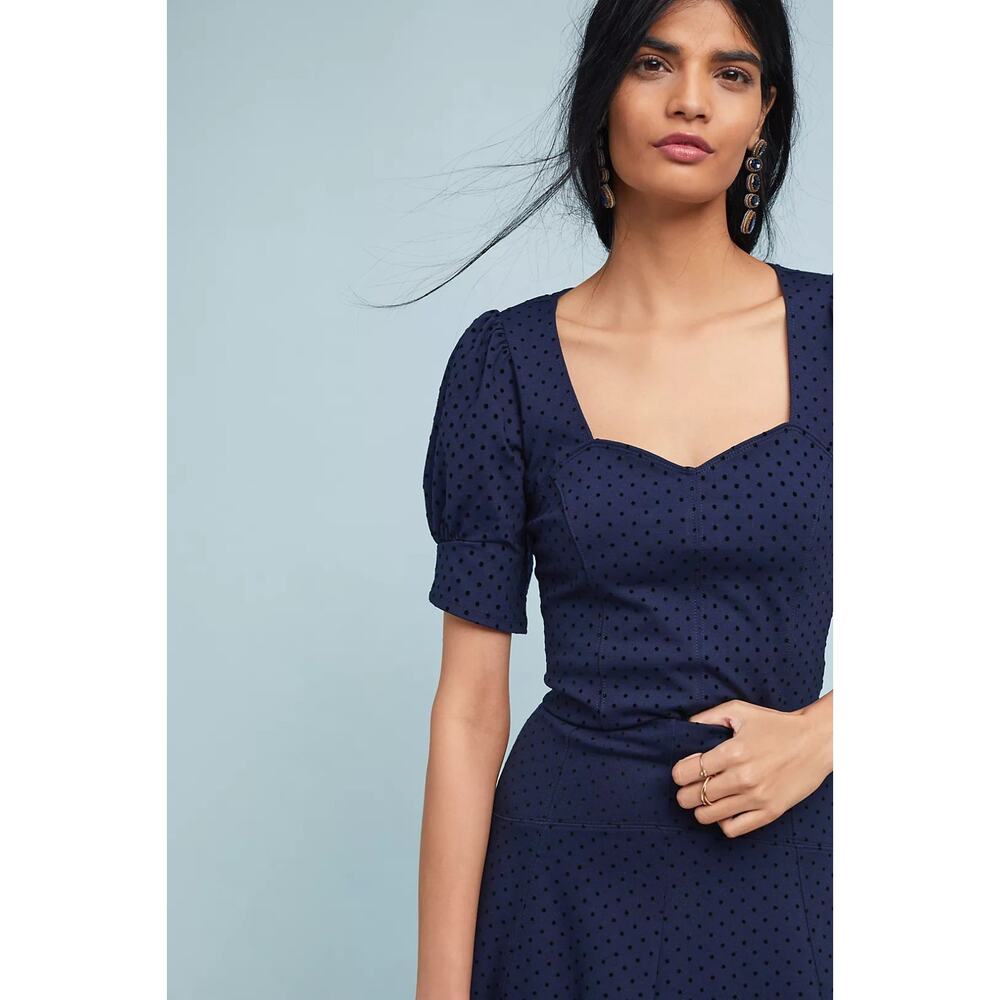 Anthropologie Shirt Womens Small Blue Black Polka Dot Sevigny Ponte Puff Maeve
